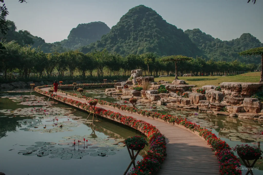 Instalación de jardín en el Valle de Aves Thung Nham con flores de colores y karsts de piedra caliza al fondo